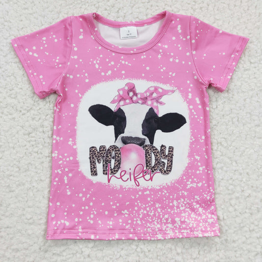 GT0128 Western Baby Girl Pink Short Sleeves Moody Cow Shirt