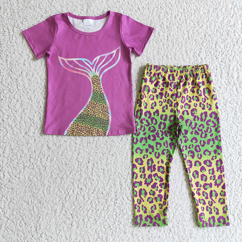 GSPO0199 Purple mermaid tail Baby Girl leopard Leggings Pants Outfit