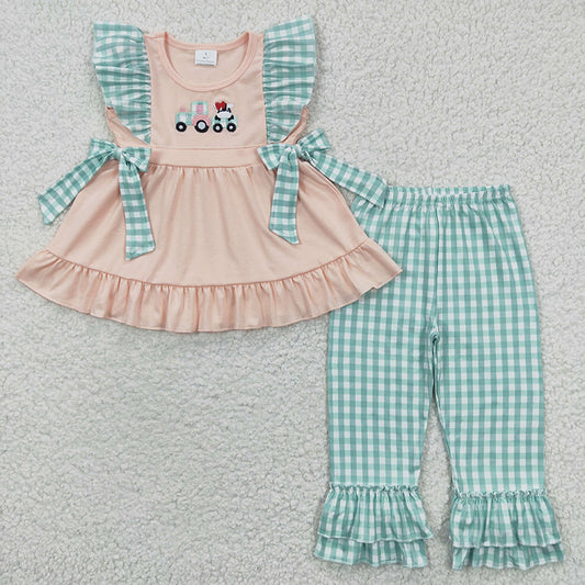 GSPO0447 Baby Girl Short Sleeves Embroidery Tractor Cow Plaid Pants Outfit