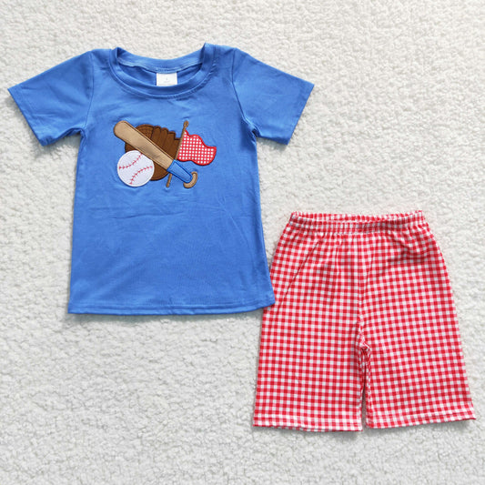 BSSO0134 Summer Baby Boy Embroidery Baseball Short Sleeves Cotton Shirt Red Plaid Shorts Outfit