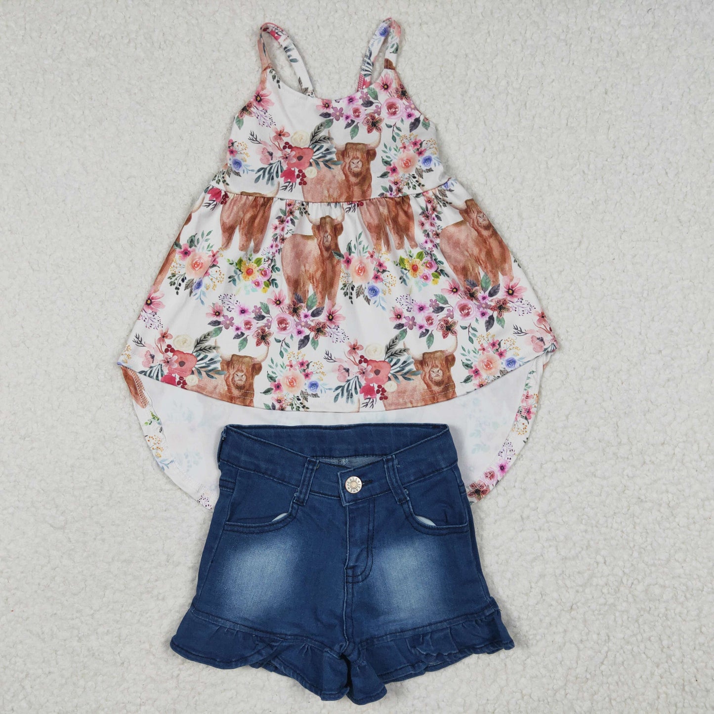 Baby Girl Kids Western Cow Floral Top Denim Shorts Outfit