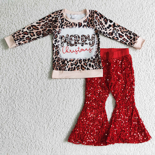 Baby Girl Kids Merry Christmas Leopard Shirt Sequins Pants Outfit