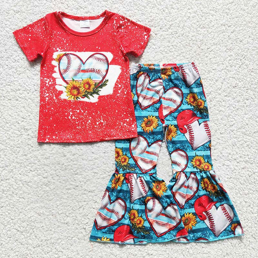 GSPO0252 Baby Girl Baseball Heart Sunflower Bell Pants Outfit