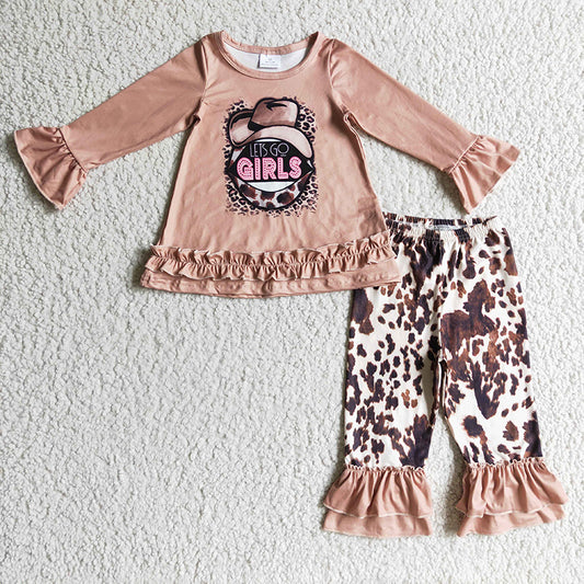 GLP0345 Baby Girl Let's Go Cow Print Pants Outfit Set