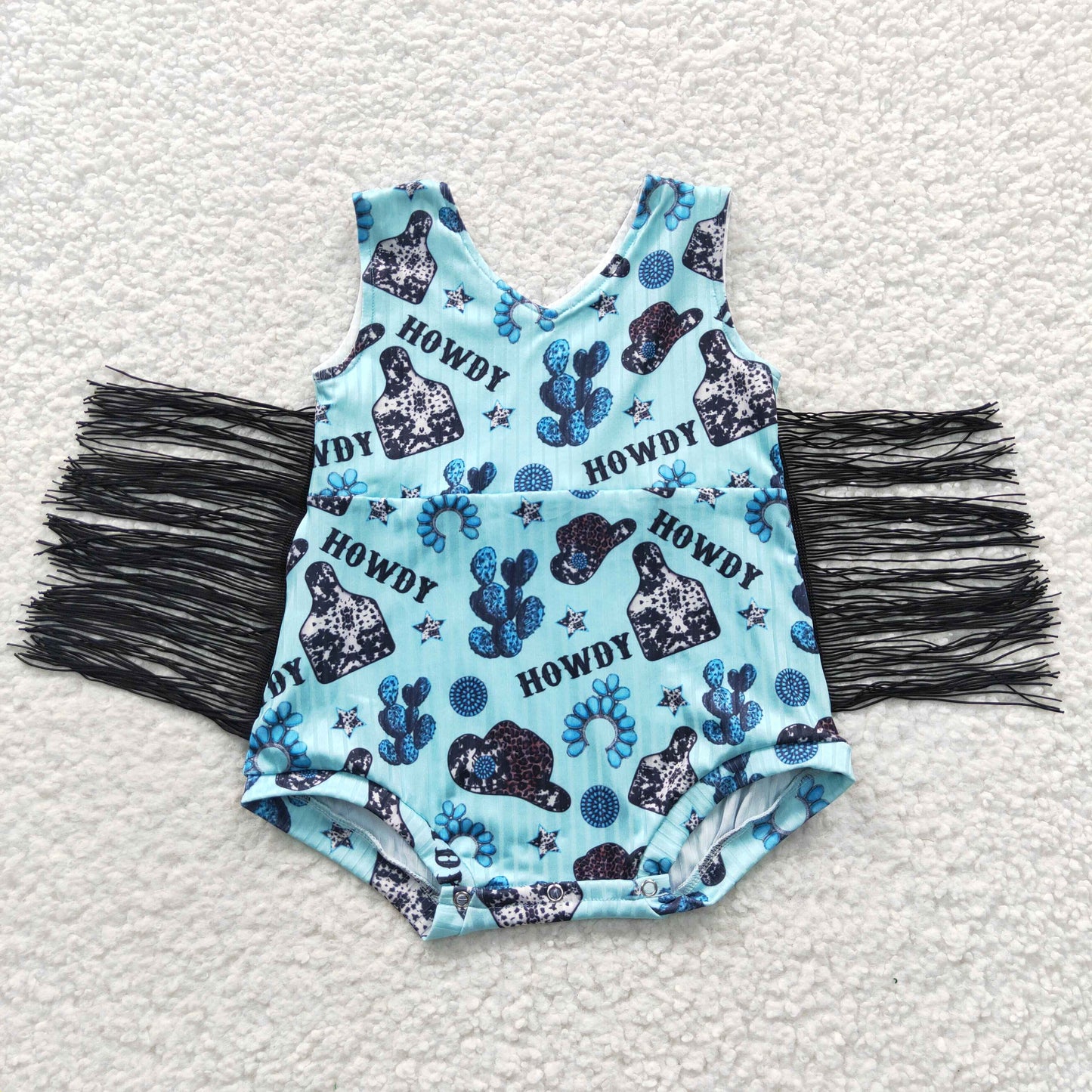 SR0323 Baby Girl Tassel Western Cactus Cow Summer Romper