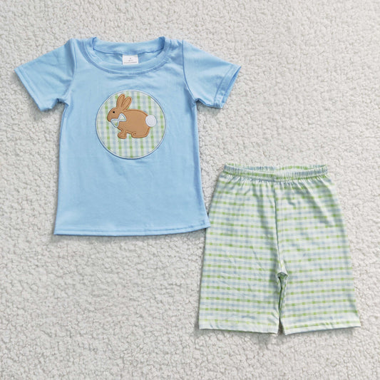 BSSO0130 Baby Boy Easter Embroidery Rabbit Bunny Short Sleeves Shirt Plaid Shorts Summer Outfit