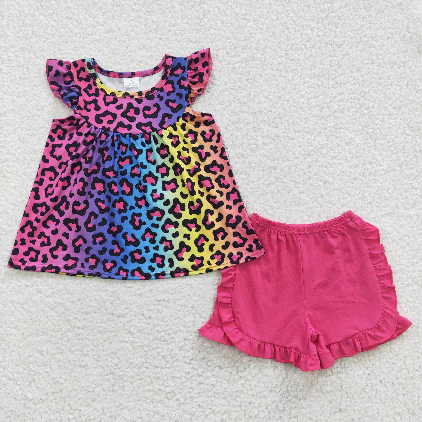GSSO0299 Baby Girl Summer Colorful Leopard Tunic Cotton Ruffle Shorts Outfit