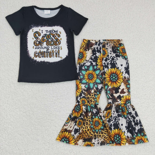 GSPO0484 Baby Girl Western Short Sleeves Shirt Sunflower Bell Pants Outfit
