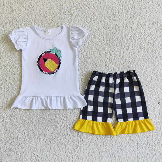 GSSO0102 Baby Girl School Pencil Embroidery Plaid Shorts Outfit