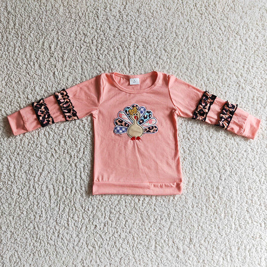 GT0040 Baby Girl Thanksgiving Embroidery turkey Pink Shirt