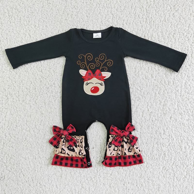 6 B11-9 Baby Girl Embroidery Christmas Deer Romper