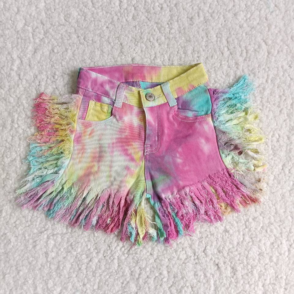 C13-20 Tie Dye Baby Girl Tassel Denim Shorts