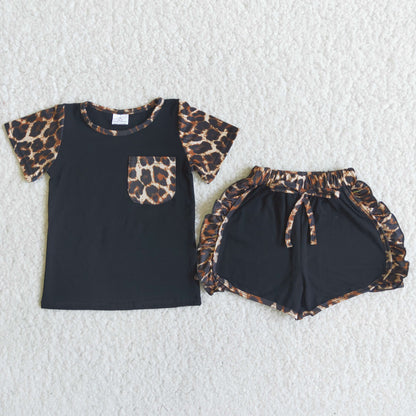 C1-21 Baby Girl Summer Pink Pocket Leopard Shorts Outfit