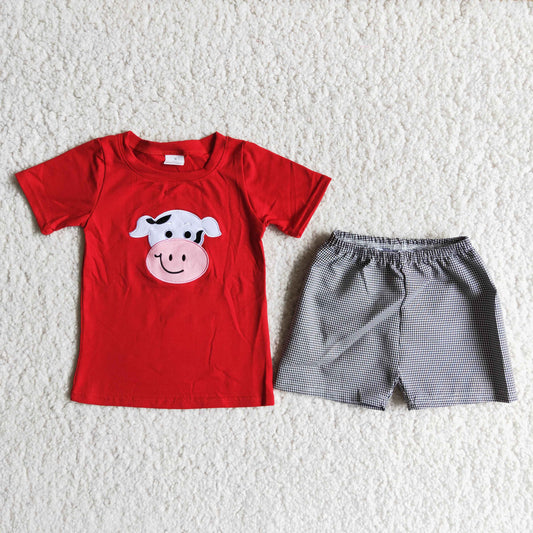 Baby Boy Summer Embroidery Cow Plaid Shorts Outfit