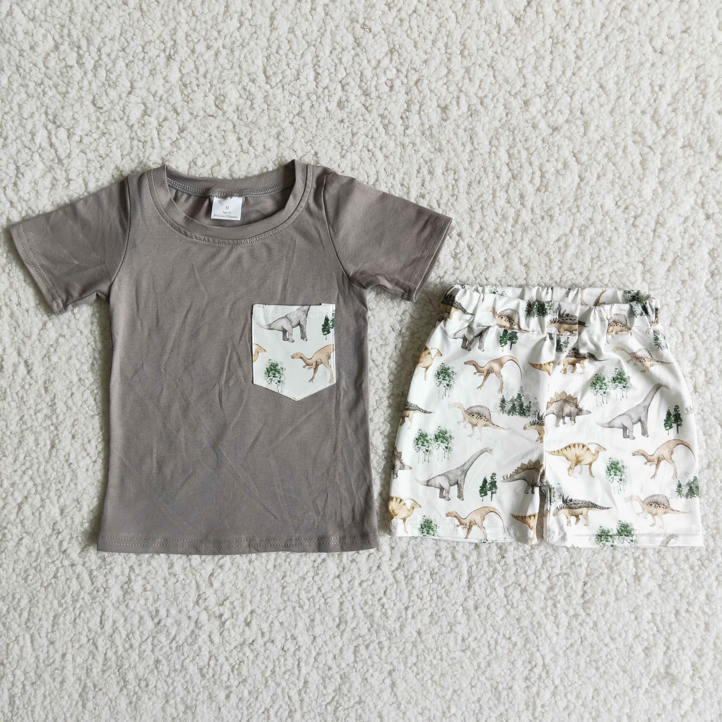 D11-12 Baby Boy Summer Grey Dinosaur Pocket Shorts Outfit