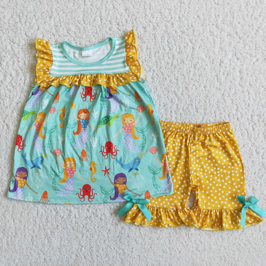 Baby Girl Summer Mermaid Dots Ruffle Shorts Outfit