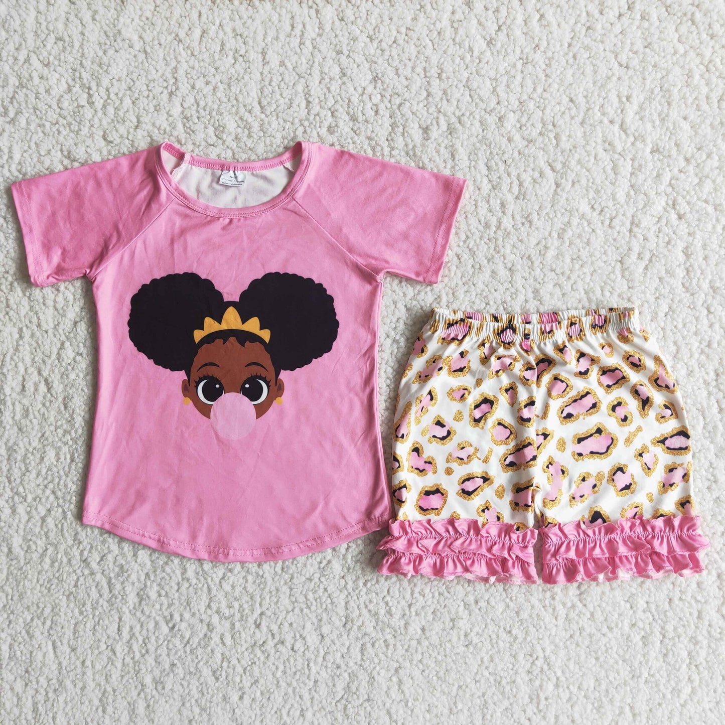 D7-12 Baby Girl Summer Pink Bubble Leopard Shorts Outfit