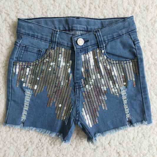 D7-4 Baby Girl Sequins Denim Shorts