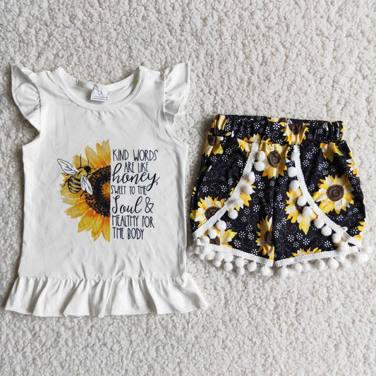 Baby Girl Summer Bee Sunflower Shorts Outfit