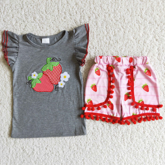 D8-27 Baby Girl Summer Embroidery Strawberry Shorts Outfit