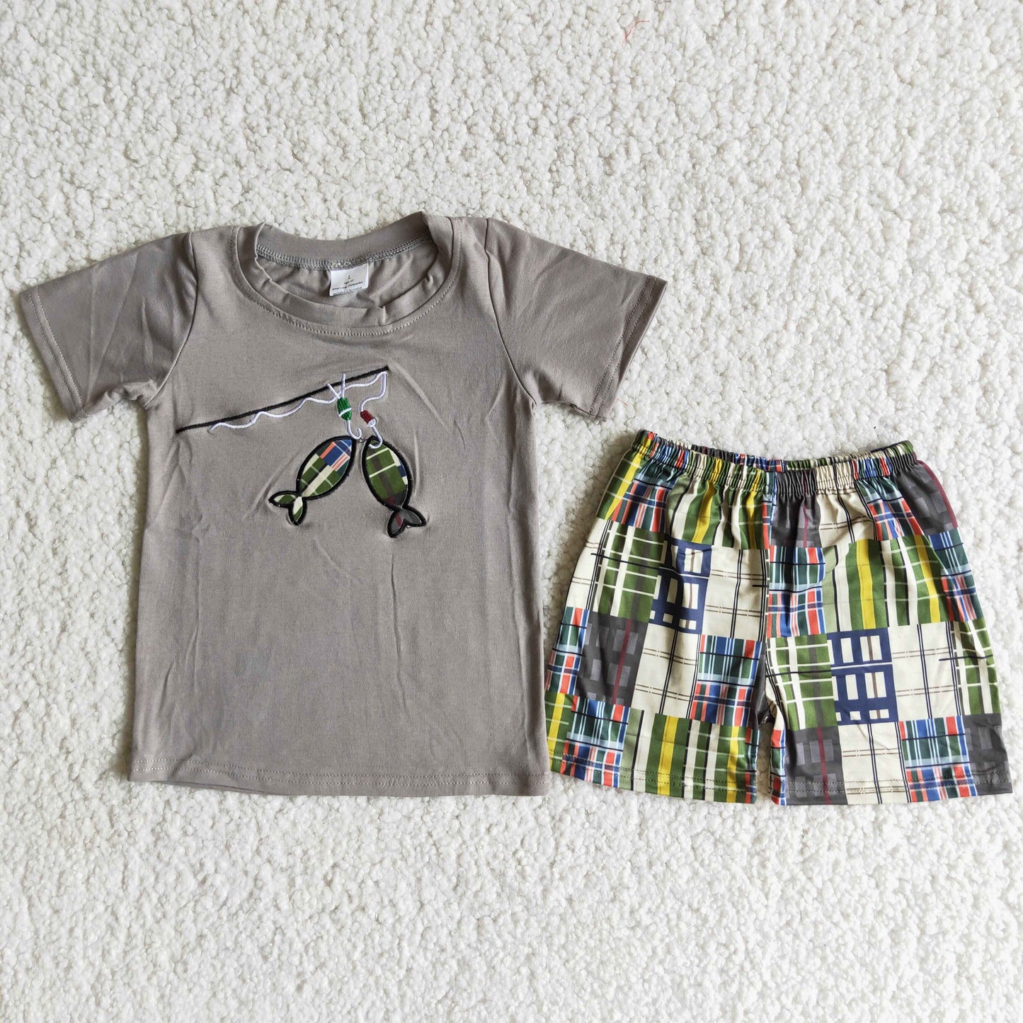 Baby Boy Summer Embroidery Fish Plaid Shorts Outfit