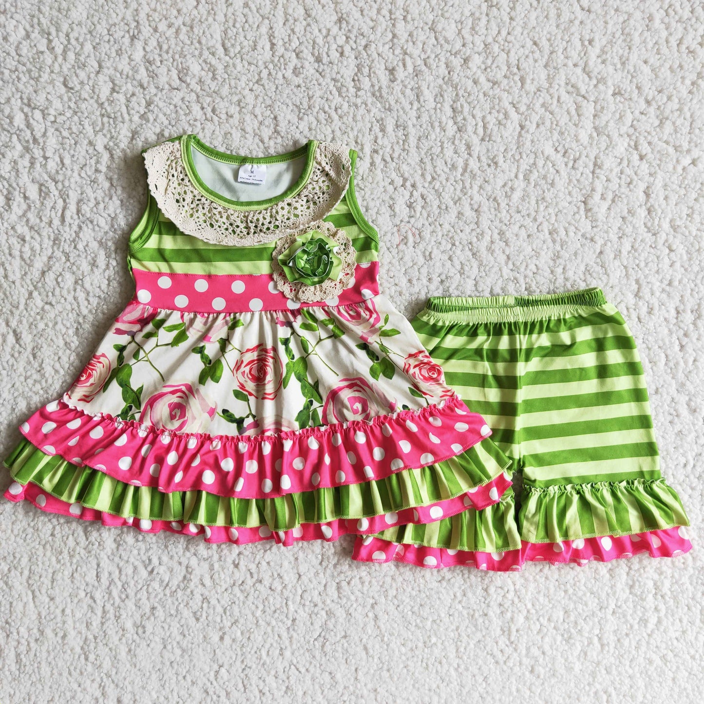 C9-23 Baby  Girl Summer Green Flower Lace Stripe Shorts Outfit