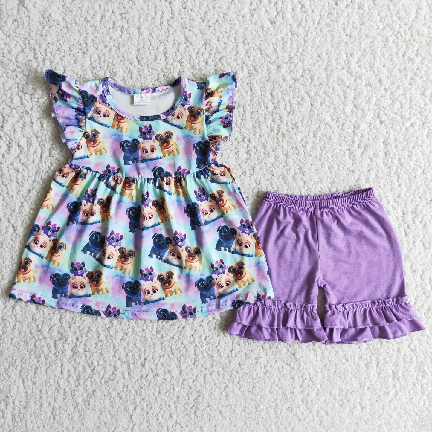 B12-1 Baby Girl Summer Dog Purple Ruffle Shorts Outfit