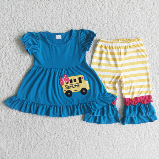 Baby Girl Back to school Blue Embroidery Bus Capris Outfit