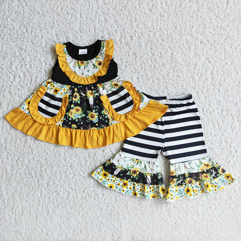 A6-15 Baby Girl Sunflower Pocket Shorts Outfit