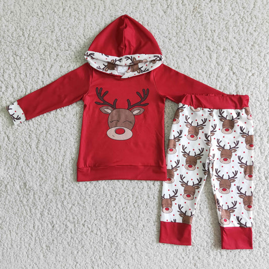 6 B1-24 Baby Boy Christmas Deer Hoodie Red Outfit