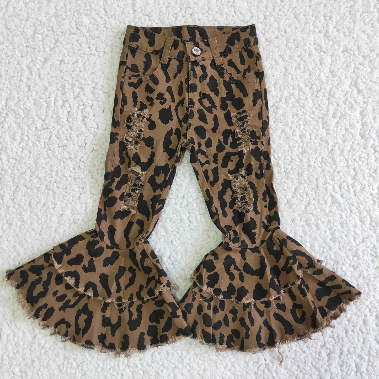 C7-13 Denim Double Ruffle Leopard Jeans Bell Pants