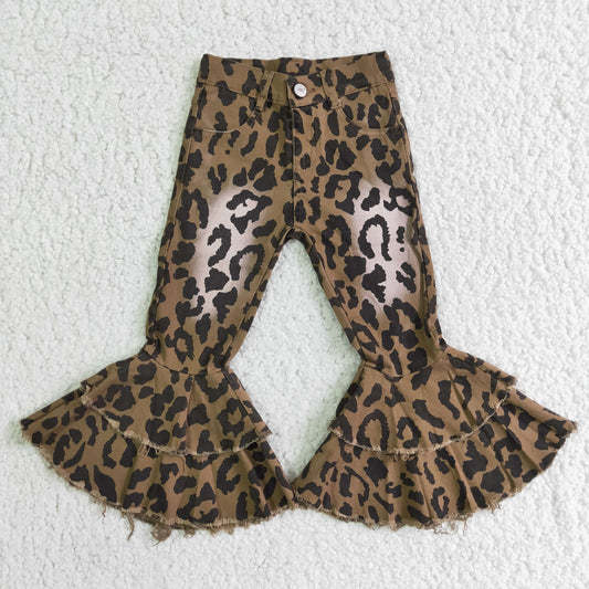 Baby Girls Denim Double Ruffle Bleached Leopard Jeans