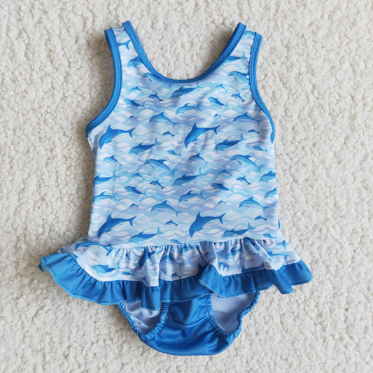 E13-28 RuffleButts One Piece Blue Tank Swimsuit