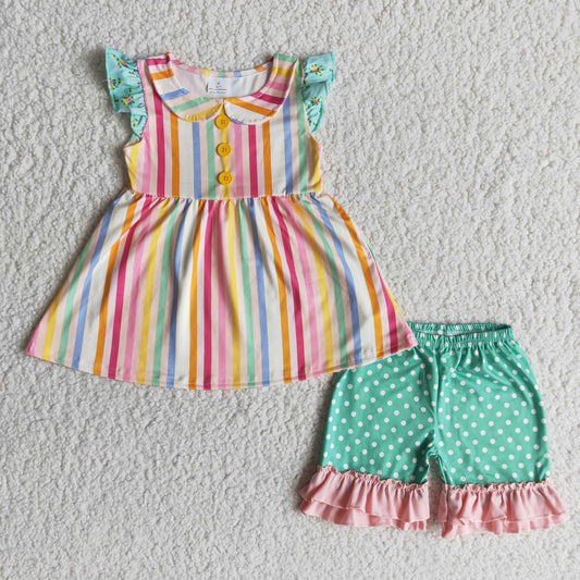 Baby Girl Summer Colorful Stripe Ruffle Shorts Set