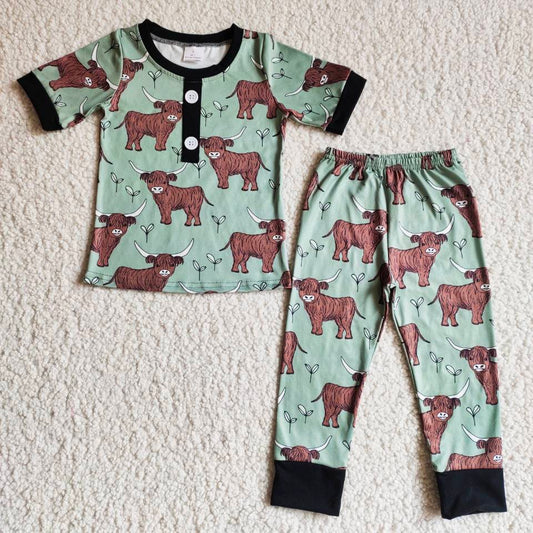 B9-25 Baby Boy Western Pajamas Green Cow Pants Set