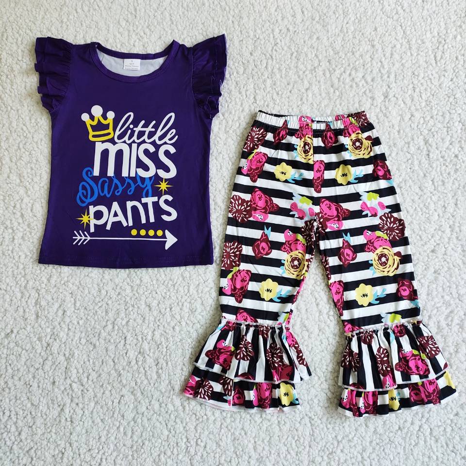 Baby Girl Purple Flower Stripe Ruffle Pants Set