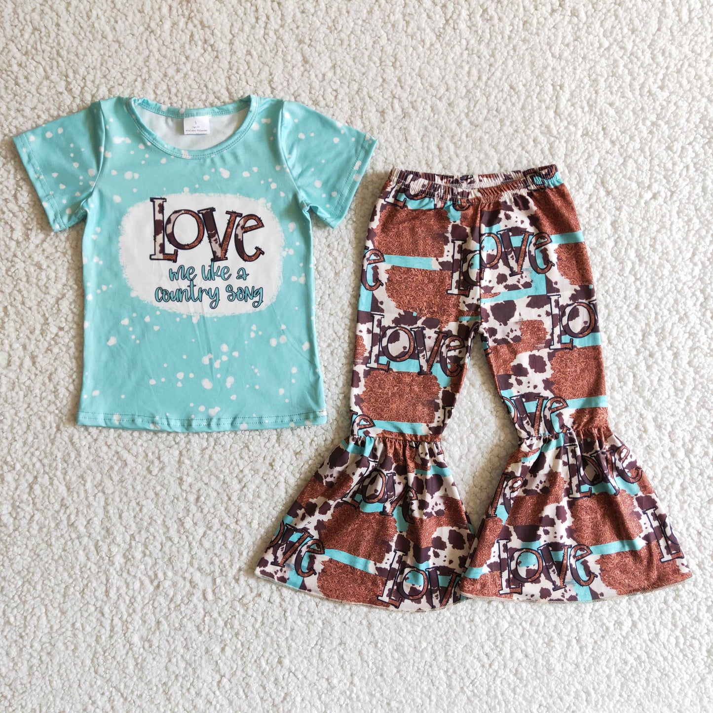 Baby Girl Love Short Sleeve Cow Print Bell Pants Set