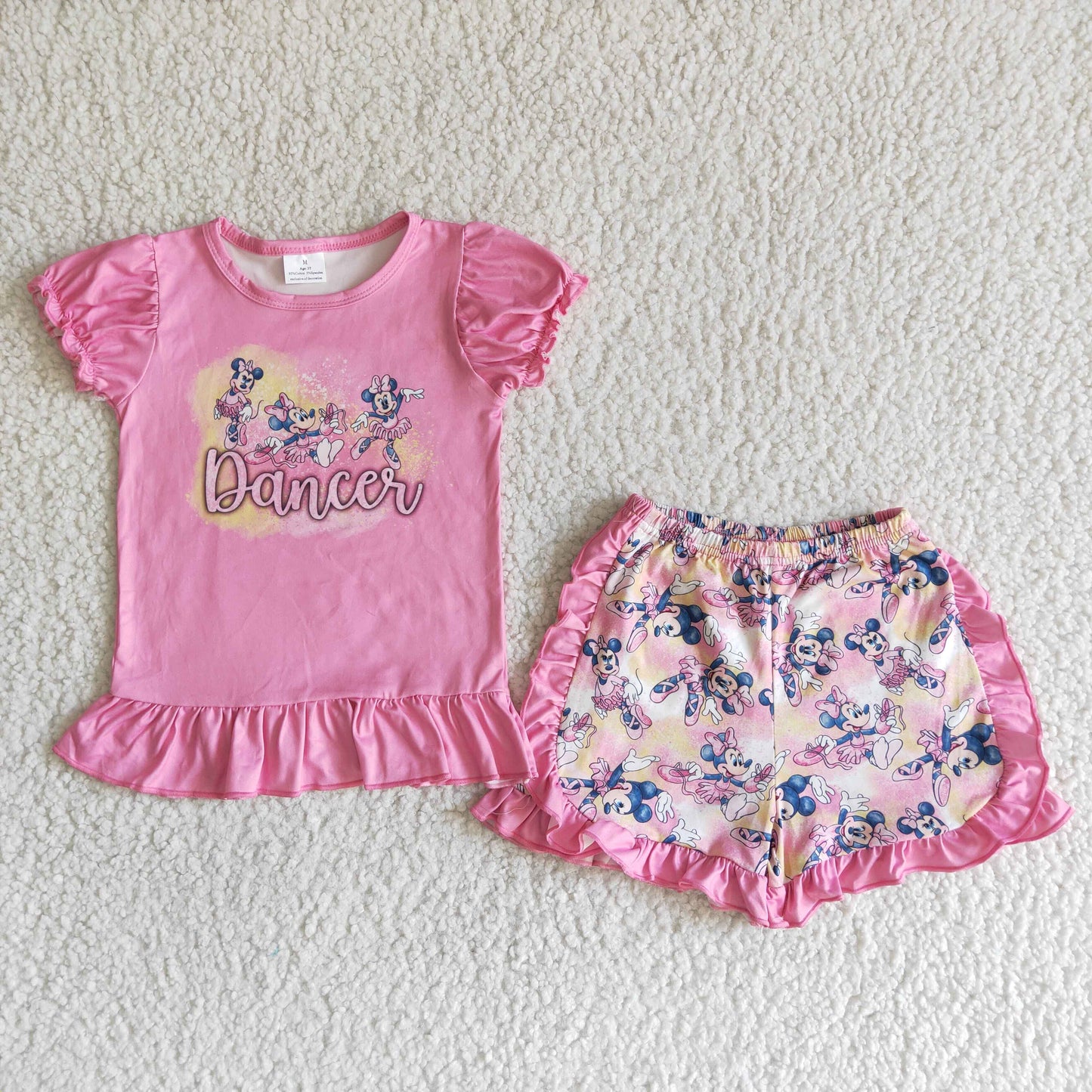 Baby Girl Summer Pink Cartoon Dances Ruffle Shorts Outfit