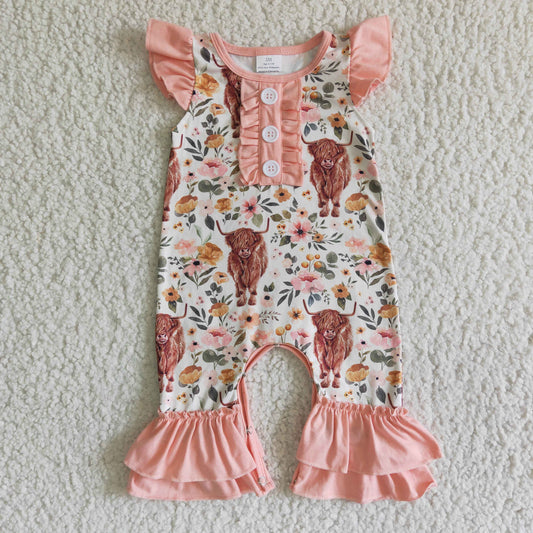 SR0010 Baby Girl Cow Flower Ruffle Pants Romper