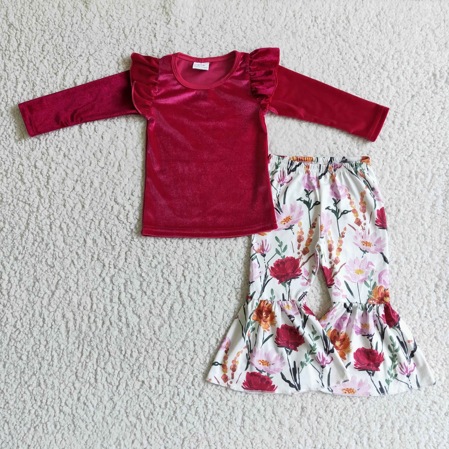 GLP0221 Baby Girl Velvet Floral Bell Pants Kids Fall Outfit