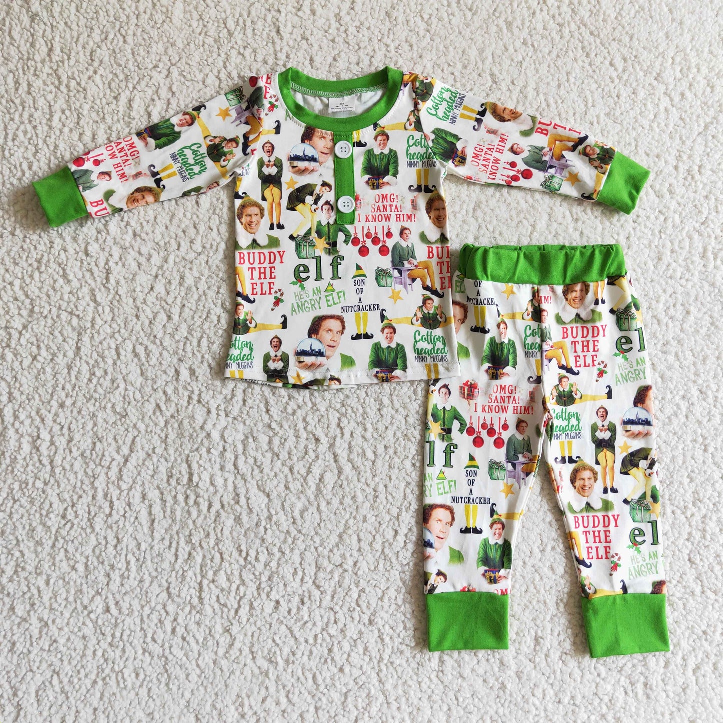 Promotion Baby Girl Long Sleeves Christmas Shirt Pants Green Pajamas Outfit