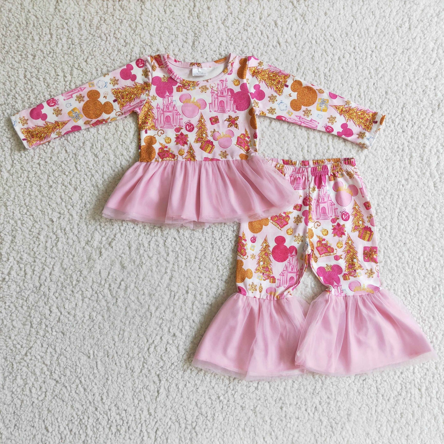 GLP0300 Baby Girl Cartoon Pink Long Sleeve Pants Tulle Outfit