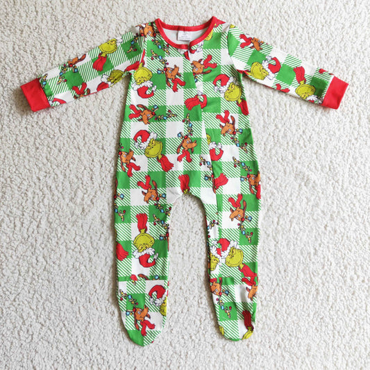 LR0194 Baby Plaid green face kids Christmas zipper footed coverall