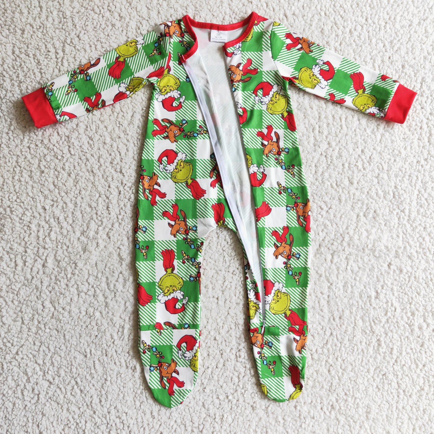 LR0194 Baby Plaid green face kids Christmas zipper footed coverall