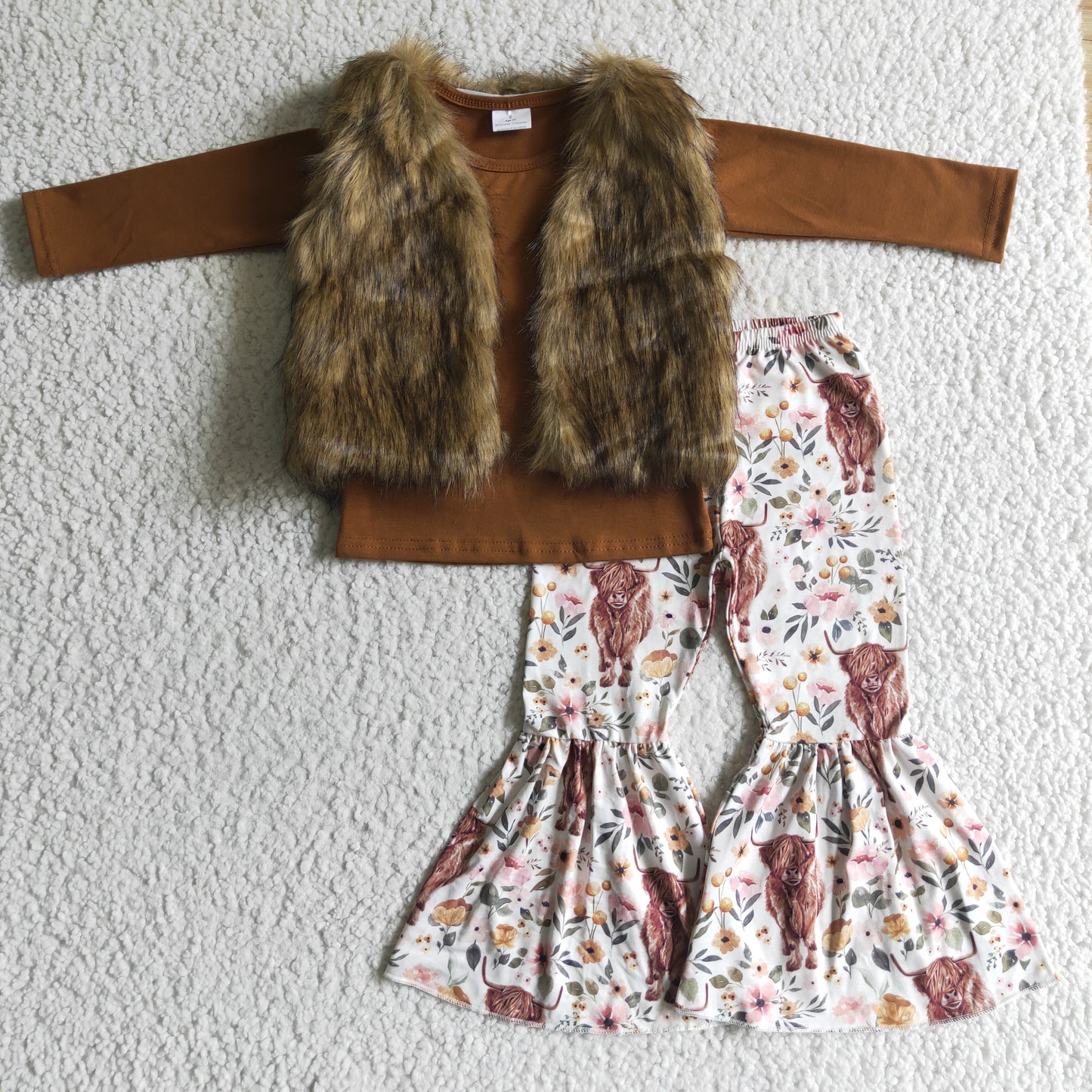 Baby Girl Brown Shirt Heifer Cow Bell pants Fur Vest 3pcs Set