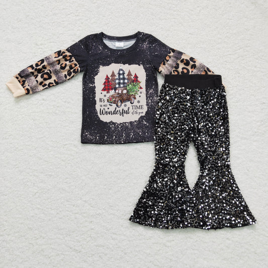 Baby Girl Kids Merry Christmas Leopard Shirt Black Sequins Pants Outfit