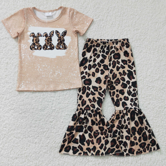 GSPO0245 Baby Girl Easter Short Sleeves Rabbit Bunny Shirt Leopard Bell Pants Outfit