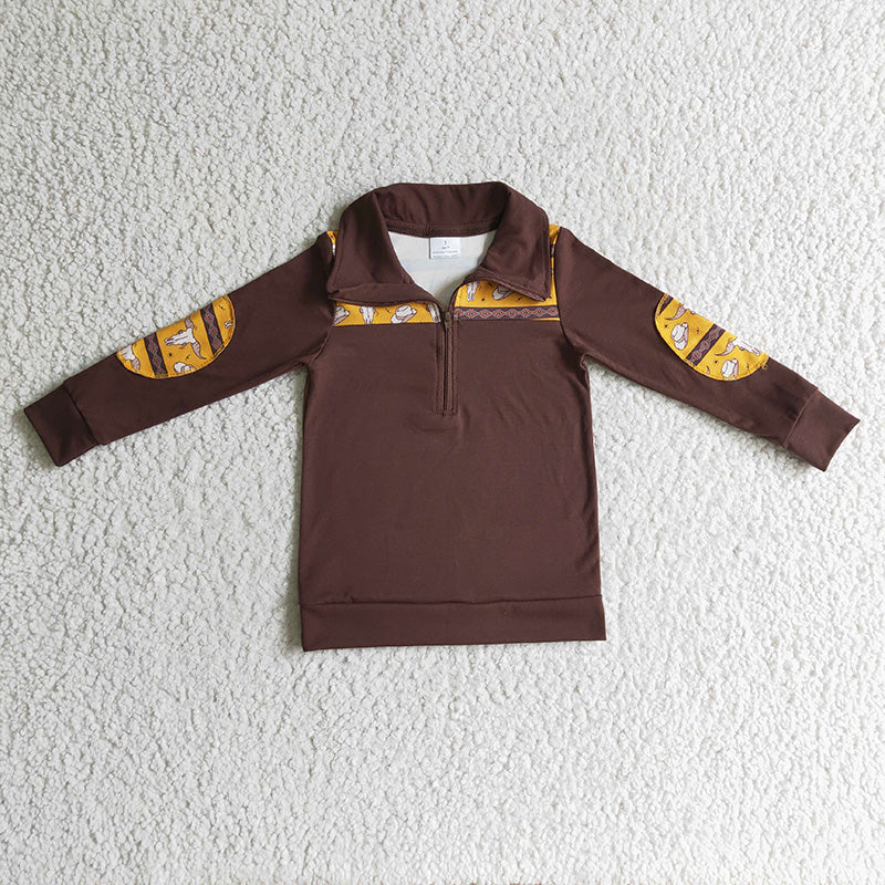 BT0088 Baby Boy Kids Bull skull hat brown zipper western pullover