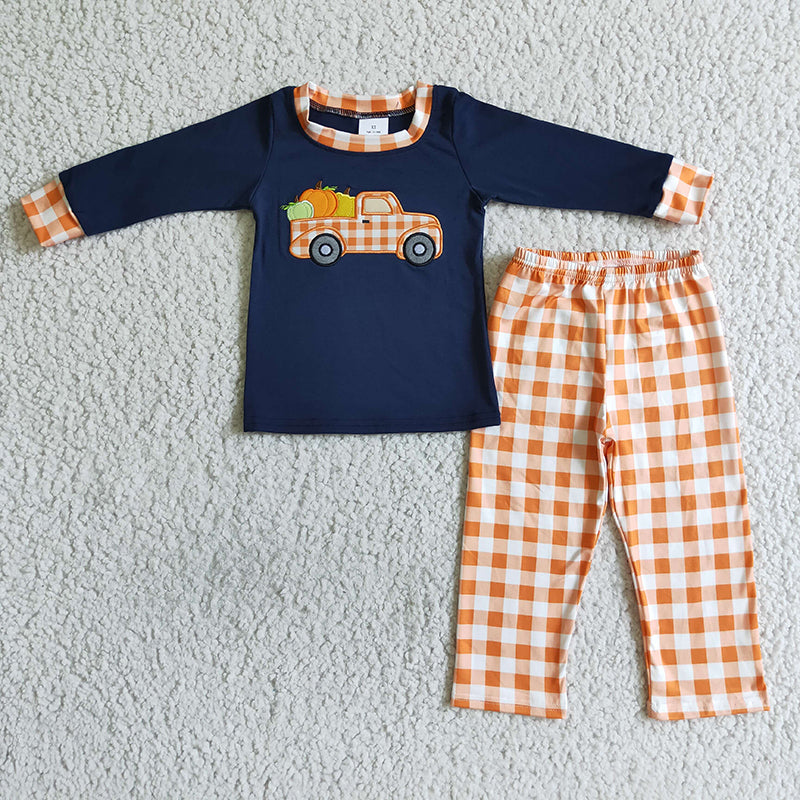 BLP0002 Boy Boy Thanksgiving Embroidery Pumpkin Plaid Pants Outfit