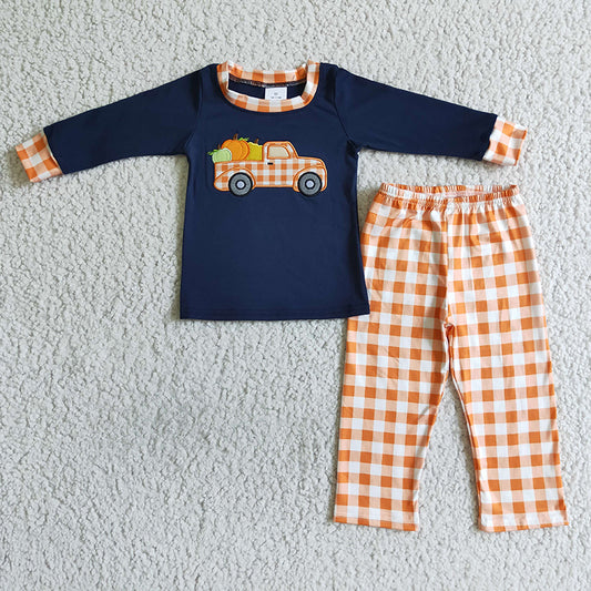 BLP0002 Boy Boy Thanksgiving Embroidery Pumpkin Plaid Pants Outfit